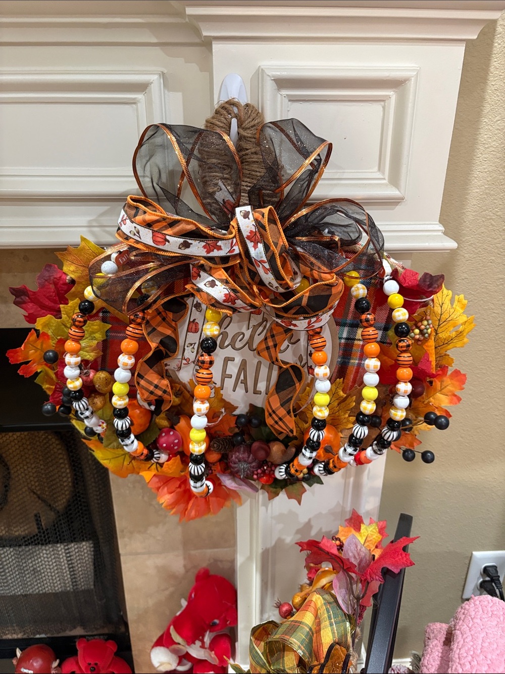 Autumn Beaded Fall Wreath with Ribbon Bow